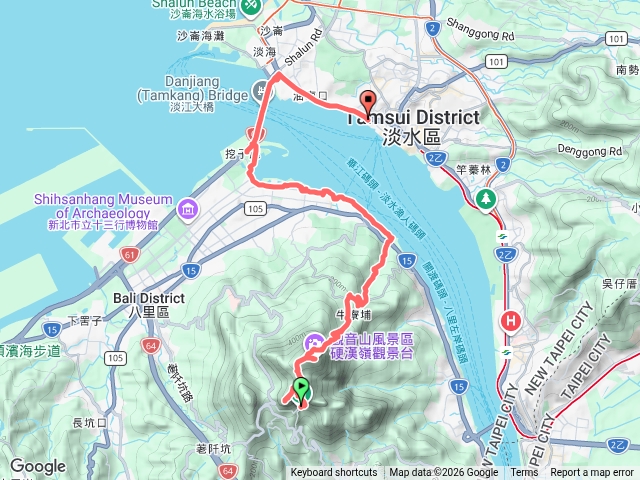 硬漢嶺步道>弱者俱樂部>小鷹尖>觀音山>牛寮埔步道>八里左岸>淡江大橋>中正路>小白宮(淡水分局)預覽圖