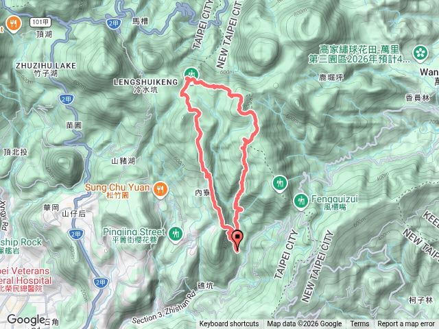 台北士林地區郊山行程：溪和宮 坪頂古圳步道 荷蘭古道東線 高頂山 北五指山 杏林山 石梯嶺 擎天崗 內寮古道 瑪礁古道 新圳頭山 清風亭 大崎頭步道 溪和宮O型縱走。預覽圖