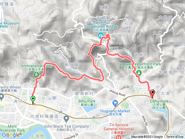 西湖登剪刀石金面山陟尖頂越吊橋接鯉魚山下大湖