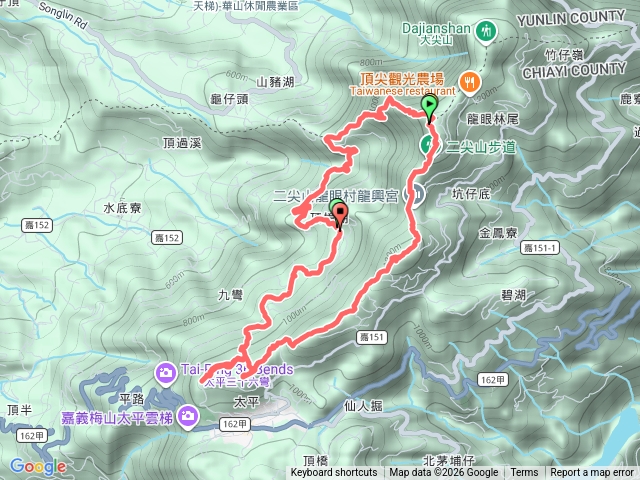大眾爺廟、二尖山、馬鞍山、梨子腳山、太平山、太平山西峰，O型走預覽圖
