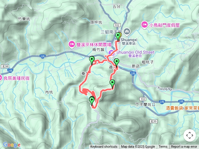 20250615雙溪火車站>梅竹蹊山>泰和樓>雙泰產業道路>百二崁古道(路過 沒上下)>苕谷瀑布>蝙蝠山>明天宮>雙溪火車站 O繞