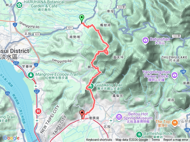 破布子腳站→山仔頂古道→面天池山→糞箕湖古道→拉卡舊水管道→小坪頂山→貴子坑→復興崗站