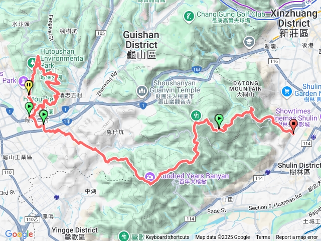 桃園虎頭山稜線上西北峰，虎頭山環保公園，虎頭山東南峰，龜崙山，下到登山口，再走路到福源山起登，福源山圳頭山，望湖山，石灰坑山，大棟山，秋壇山鎮遠山，大青坑崙山，青龍嶺，大同山，樹林火車站。
