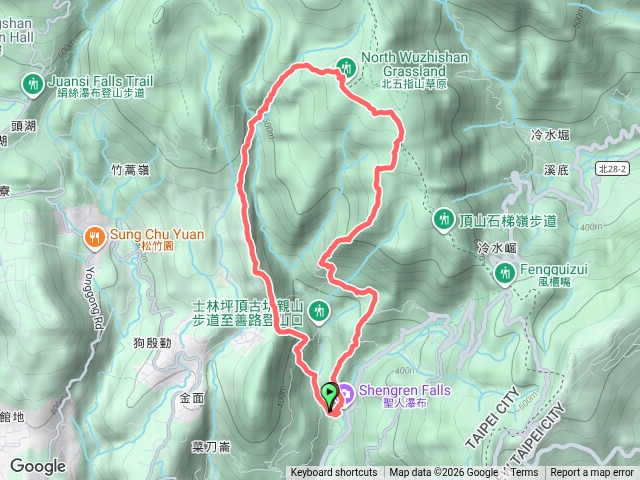 聖人瀑布～聖人崙～瑪蕃山～頂山西南峰～頂山～北頂山～北五指山～瑪礁古道～新圳頭山～清風亭～大崎頭步道～溪和宮。（北市陽明山,士林）預覽圖