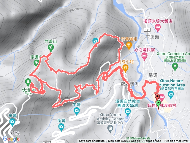 溪頭公車站、溪頭山、竹崙山、志騰山、快活林、溪頭公車站。