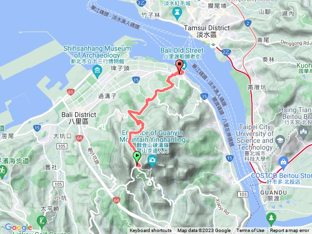 觀音山遊客中心>北53>北50 >西龍寺>八里陣地 「重慶4號坑道」正名:赤土崎營(重慶四號坑道) >大榕碉堡>渡船頭>天后宮
