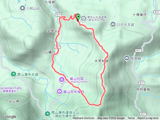 2026-08-21新登山口(新北市路燈定位編號463230對面)→九芎林西北峰→九芎林山→低密度人口區界樁→土地公嶺古道→石崩山路O型走