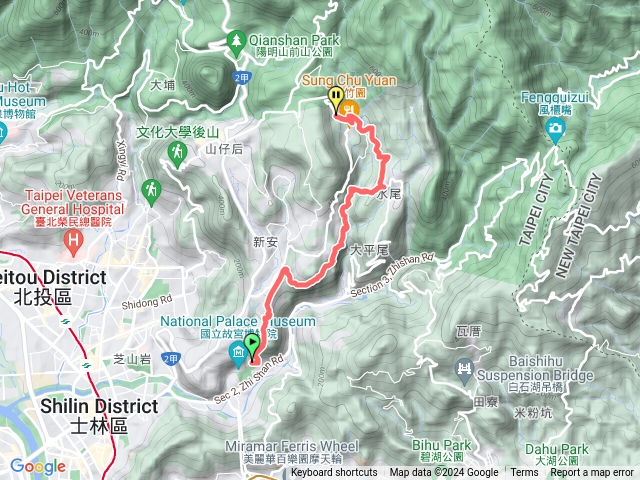 故宮➝擇善居➝玄明宮➝美國學校➝指福宮➝狗殷勤步道➝公平橋➝竹林步道➝平菁街42巷賞櫻