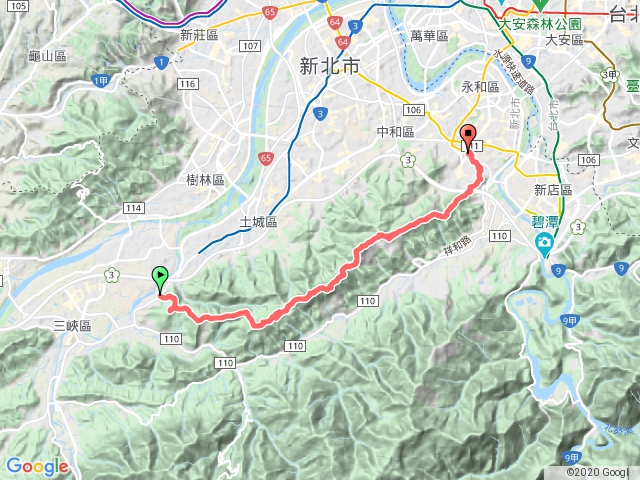 天上山系登山路線:三峽玉皇宮牌樓→長壽山→成福山→十八羅漢奇岩→石門內尖山→天上山→五城山→文筆山→五尖山→南勢角山→外挖子山→捷運南勢角站。