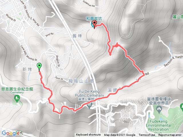 糶米古道(吳興街)→崇德街、研究院路四段→樹梅古道→拇指山→和興炭坑