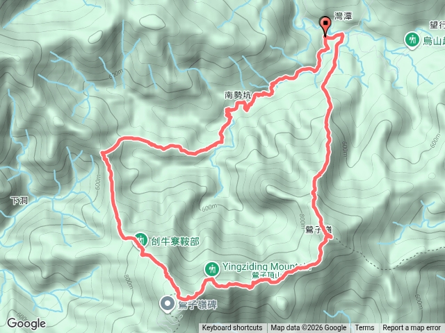 灣潭土地公～灣潭崙～鶯子嶺山～鶯子頂山～鶯子嶺營區～刣牛寮鞍部～北宜古道-馬鞍格～南勢坑古道～灣潭土地公。 （新北雙溪、坪林）