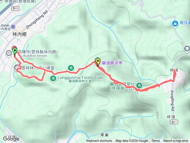 龍過脈步道濟公廟入口-南林內山圖根點-下切鐵管坑-兔仔嶺涼亭-坪頂龍過脈涼亭-坪頂古道入口-回程鐵管預覽圖