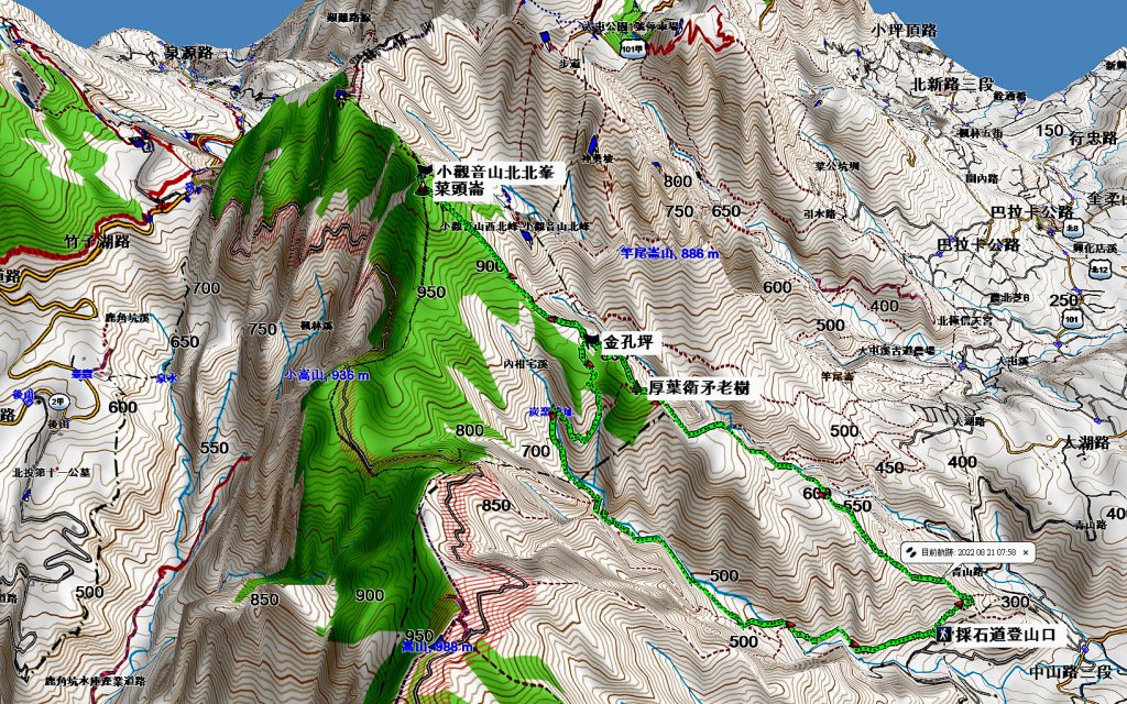 2022-08-21 五腳松古道-金孔坪-菜頭崙-小觀音山北北峰-紅葉谷瀑布-內柑宅古道O形封面圖