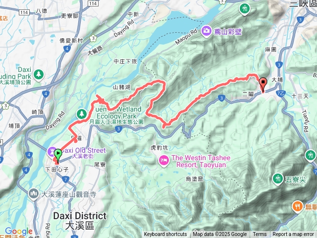 由大溪老街入月眉古道遊「月眉休憩園區」(古厝,溼地,落雨松,親水公園,中庄吊橋)後越嶺娘子坑循稜至二鬮出三峽預覽圖