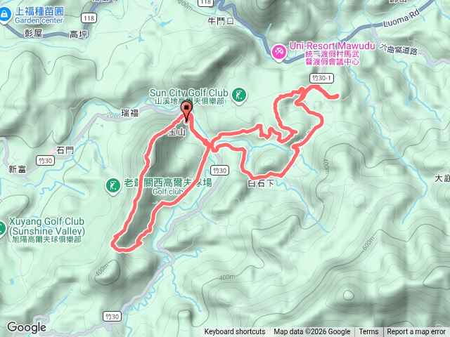 太元宮～白石下山～金山西峰～金山～太元宮 ～赤柯山～赤柯山南峰～瞭望台涼亭～第一出口～太元宮。 （新竹關西）預覽圖