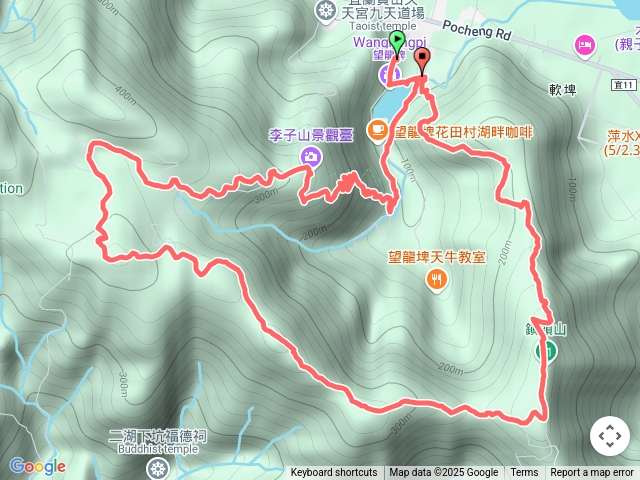 望龍三山環狀線，停車場，望龍埤，飛龍步道，觀景平台，涼亭，電塔，果園，鎮頭山，蜊蜱山，大湖山，李子山景觀台，挑夫步道