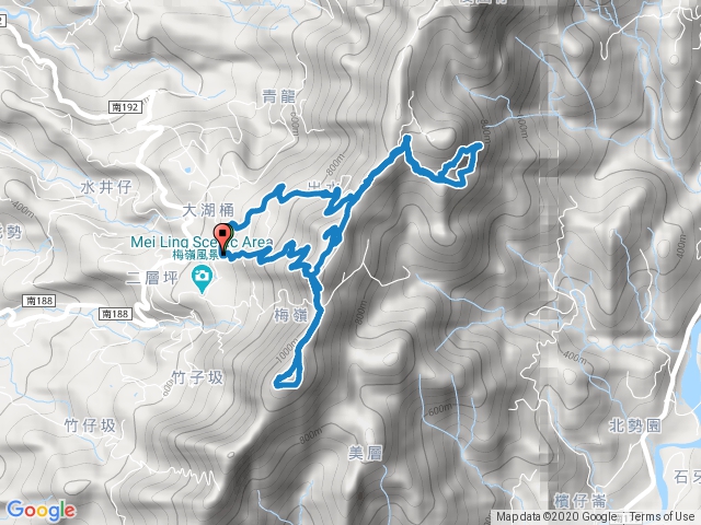 大眾餐飲停車場＞梅峰古道 ＞梅峰＞竹子尖山＞獵鷹尖＞一線天＞伍龍步道＞停車場