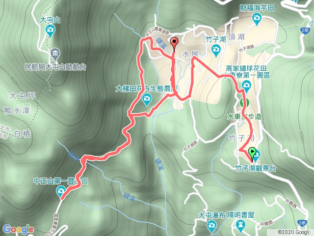竹子湖派出所→水車寮步道→海芋大道→黑森林→大梯田→青楓步道→中正山產業道路→竹子湖