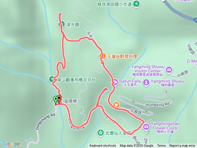 雷隱橋 > 猴崁古道入口 > 百年土地公廟 > 草山觀瀑吊橋 > 百年楓香岔路 > 滾水頭 > 百年楓香岔路 > 青春嶺 > 大屯瀑布 > 雷隱橋