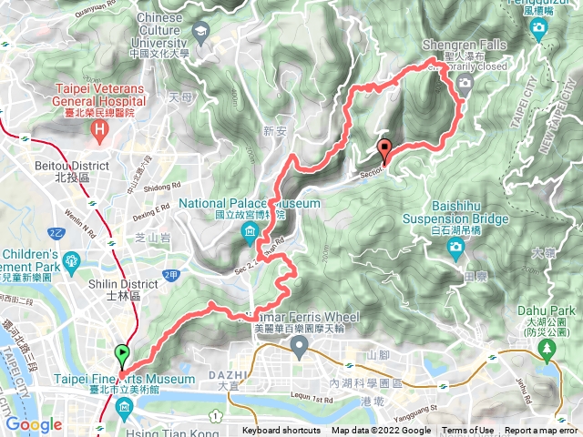 劍潭捷運站經老地方、文間山、狗殷勤步道至平菁街42巷，大崎頭步道出至善路三段