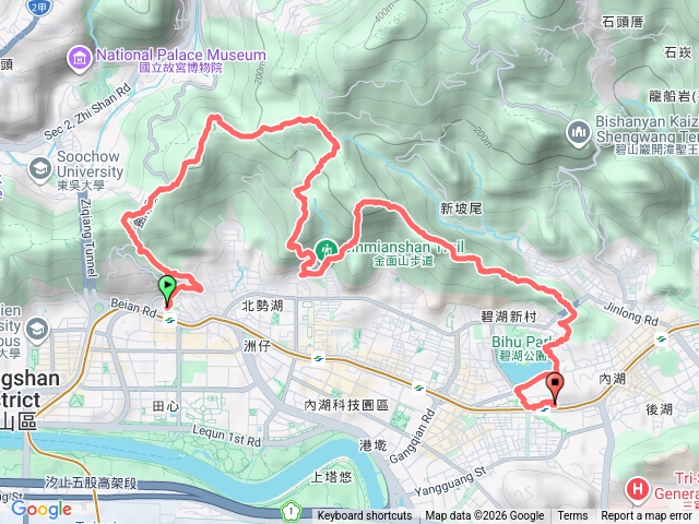 劍南站-劍潭古寺-文間山-鄭成功廟山-劍南山東峰-西湖山北北峰-西湖山-小金面山-剪刀石山-金面山-竹篙山-新坡尾山-碧湖山-文德站預覽圖