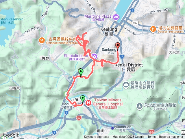 八堵車站經西砲台山劉銘傳隧道的三坑車站
