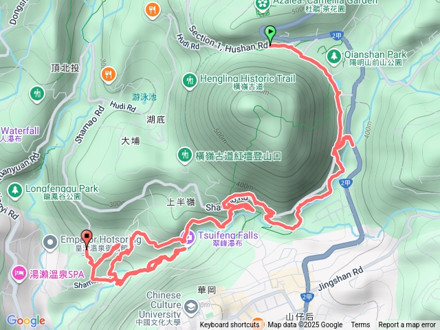 20251004陽明山總站-市475-白雲瀑布-紗帽路磺溪小徑-市229-大埔登山口-松溪瀑布-半嶺圳步道-半嶺瀑布-明玄宮-慈母橋-猴崁圳古道-翠峰瀑布-慈母橋-市462-紗帽馬場