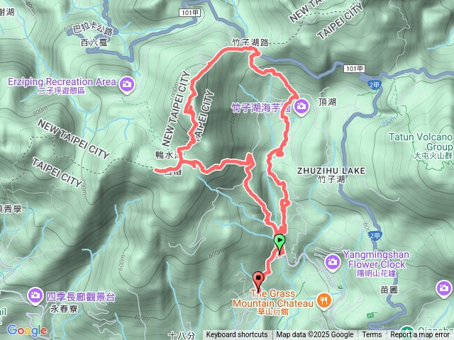 草山飛瀑-溪石路-頂湖山東北峰-鴨水澤古道-大屯山南峰、主峰-蜜蜂巢古道-水尾巴拉卡-𤠣崁水圳-滾水頭-百年楓香，頂湖站
