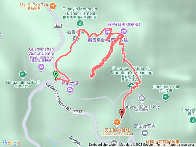 楓櫃斗湖步道 弱者俱樂部 492峰 496峰 開山嶺 小鷹尖  下往茄冬園（青春嶺）對面的攀岩步道約150m（兩綑繩子用完 已接上近垂直陡上巨石陣 ）折返弱者俱樂部 硬漢嶺步道預覽圖