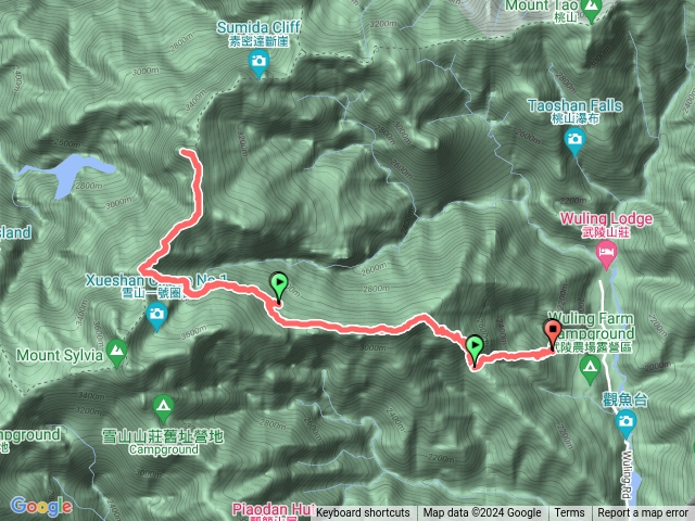 雪山北峰登山步道，大水池登山口，七卡山莊，哭坡觀景台，雪山東峰，停機坪，369臨時營地，黑森林水源路，凱蘭特崑山北峰，雪北山屋，雪山北峰