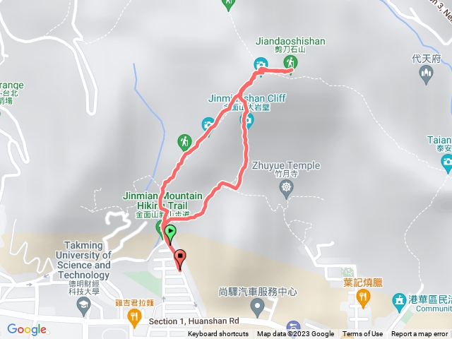 環山路登山口，大岩壁，論劍亭，剪刀石山頂，峭壁陡坡，回登山口O型