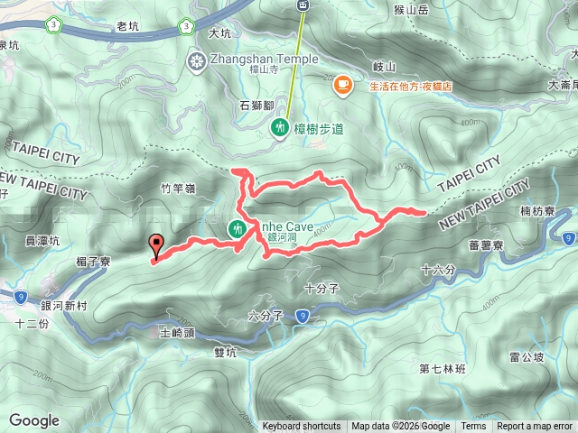 銀河洞越嶺步道～銀河洞瀑布～六分山～四面頭山～十六分山～貓空尖（來回）～三玄宮山～鵝角格山、東峰～銀河洞越嶺步道。（新北新店、北市文山）預覽圖