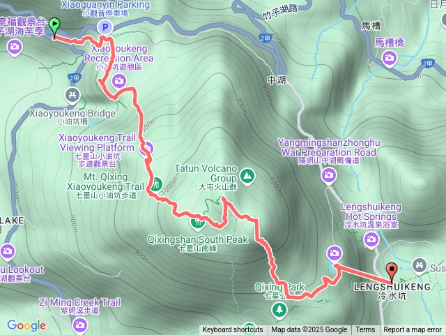 巴拉卡站→小油坑山→恐龍接吻石→山神廟→七星山主峰→七星山東峰→夢幻湖→冷水坑預覽圖