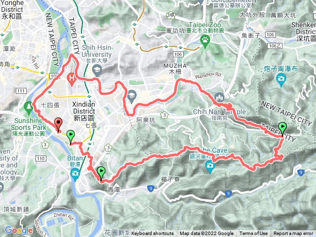 小獅山、員潭子坑山、待老坑山、鵝角格山、三玄宮山、貓空尖、草湳古道、指南宮、河濱步道O繞預覽圖