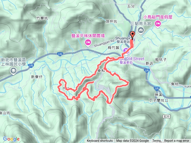 雙溪車站、苕谷福德廟、梅竹蹊山、內坑古道、麻竹坑山、雙臻園民宿、百二階古道、苕谷瀑布、蝙蝠山、泰和樓O型
