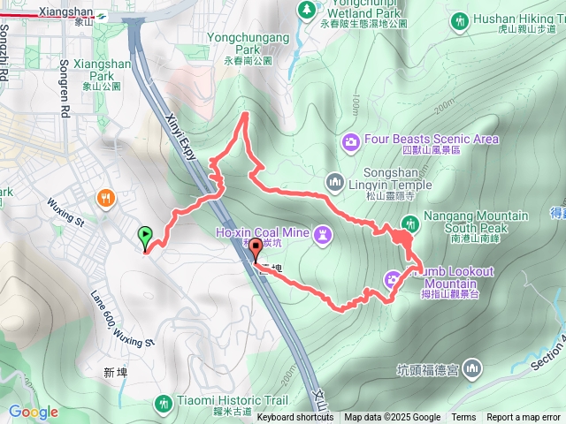 台北信義清靜山福德宮、一線天好漢坡、象山峰、北星寶宮、五號攀岩路線、南港山南峰、忍字碑、舊坡福德宮O型