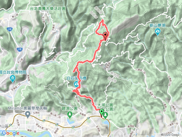 大湖公園站→鯉魚山東峰→鯉魚山→忠勇山→大崙頭山→碧山→梅花山→風櫃口→五指山森林公園