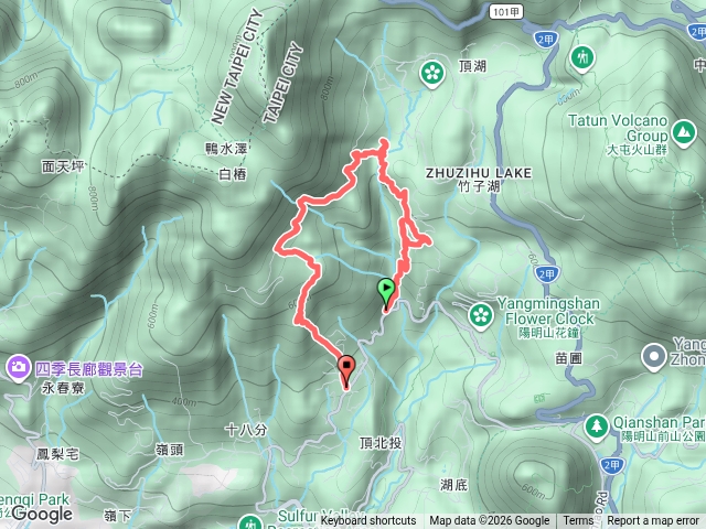 北投草山瀑布吊橋、百年土地公、百年楓香樹、滾水頭、猴崁水圳古道、青楓步道、頂湖山北峰、頂湖山、無尾崙預覽圖