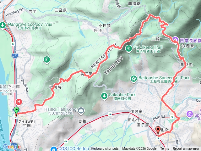 竹圍站-樹梅坑-吳仔厝-仙掘池-三慈宫-清天宫-吳氏宗祠-白宫山莊步道-新北投站-北投站預覽圖