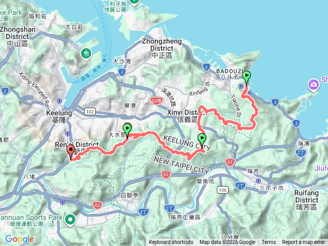 八斗子車站、深澳山、五坑山、六坑山、四腳亭炮台山、月眉山、長命山、大水窟山、紅淡山、寶明寺、南榮路口縱走預覽圖