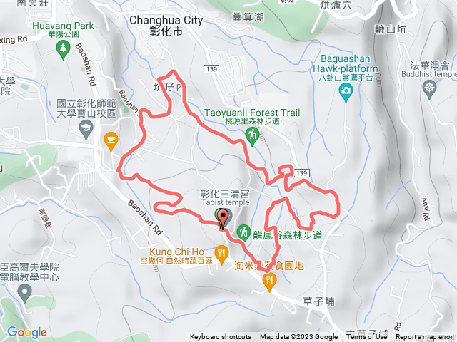 三清宮,電塔彰師大，八卦禪市,歡喜園,虎岡路,龍鳳谷、停車場