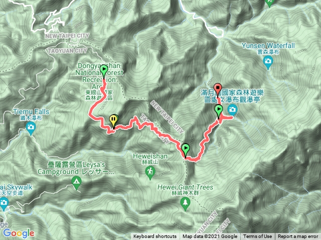 東眼山遊客中心→東滿步道→滿月圓瀑布(觀瀑亭)→處女瀑布→滿月圓遊客中心