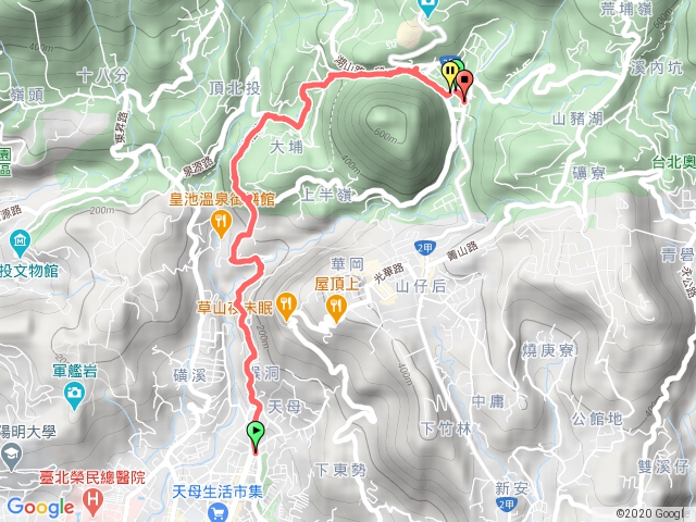 天母-猴洞產業道路-半嶺步道-紗帽路-湖底步道-湖山國小步道-湖山綠地-前山公園-陽明醫院舊址