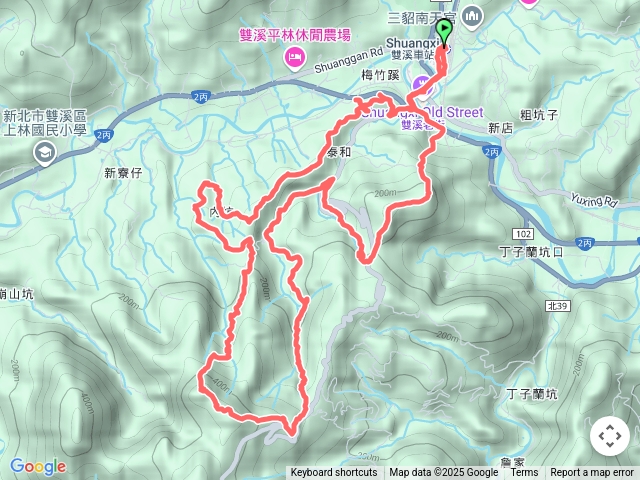 雙溪車站-梅竹蹊山-內坑古道-麻竹坑山-苕谷坑山-480峰(苕谷坑山東南峰)-苕谷坑古道-百二階古道-苕谷瀑布-蝙蝠山-雙溪車站