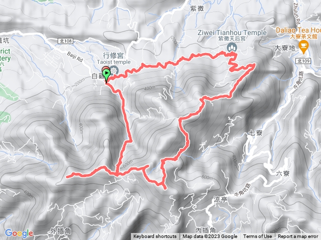 行修宮→忠義煤礦→鹿窟尖山→白雞山→雞罩山前峰→雞罩山→六寮崙山→紫微天后宮→保甲路步道→行修宮
