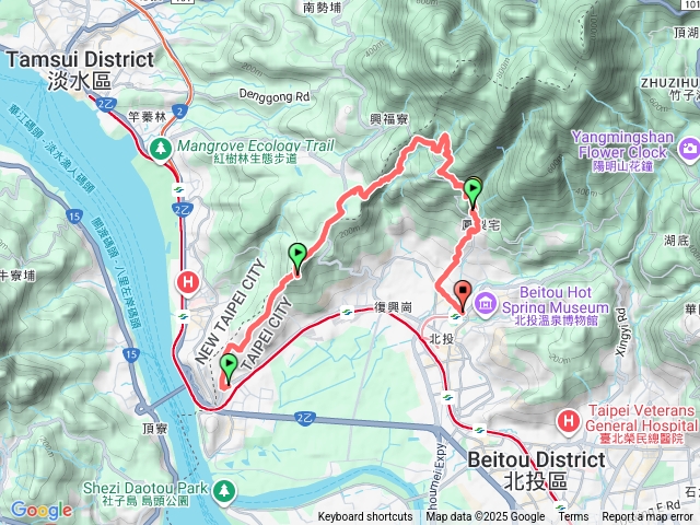 關渡-關渡親山步道-楓丹白露步道-忠義山-嘎嘮別山-貴子坑親山步道-下青礐步道-清天宮-大屯國小-永春寮溪步道-鳳梨宅-白宮山莊步道-新北投站