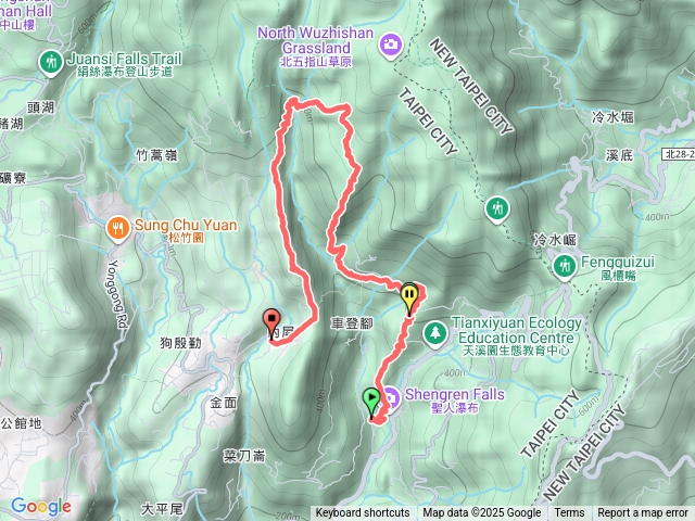 聖人瀑布>聖人崙>登峰圳>荷蘭嶺>嶺南山>內雙溪古道>礁瑪古道>內寮古道>小19公車站