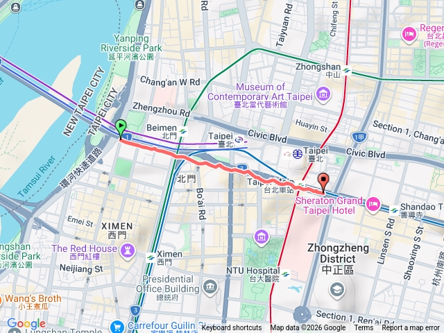 忠孝西路二段(忠孝橋)到一段(監察院)