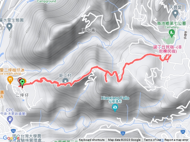 南投水里_二坪山水沙漣古道_台電大觀冰店來回路線