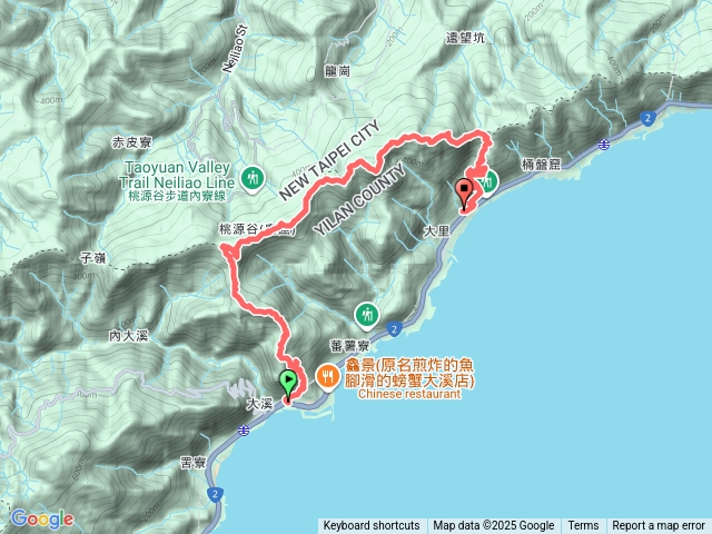 大溪湖濱公園-（起登-蕃薯寮山-桃源谷-福德山-桃源谷停車塲-灣坑頭山-埡口觀景台-大里天公廟-停車場（完登）